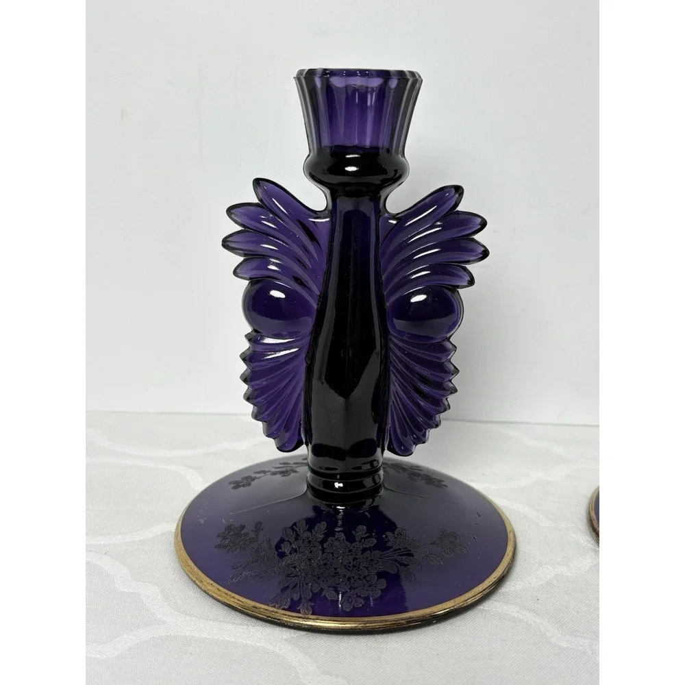 2 VTG Paden City Purple Amethyst Glass Art Deco Candlesticks Maya Ardith Etching